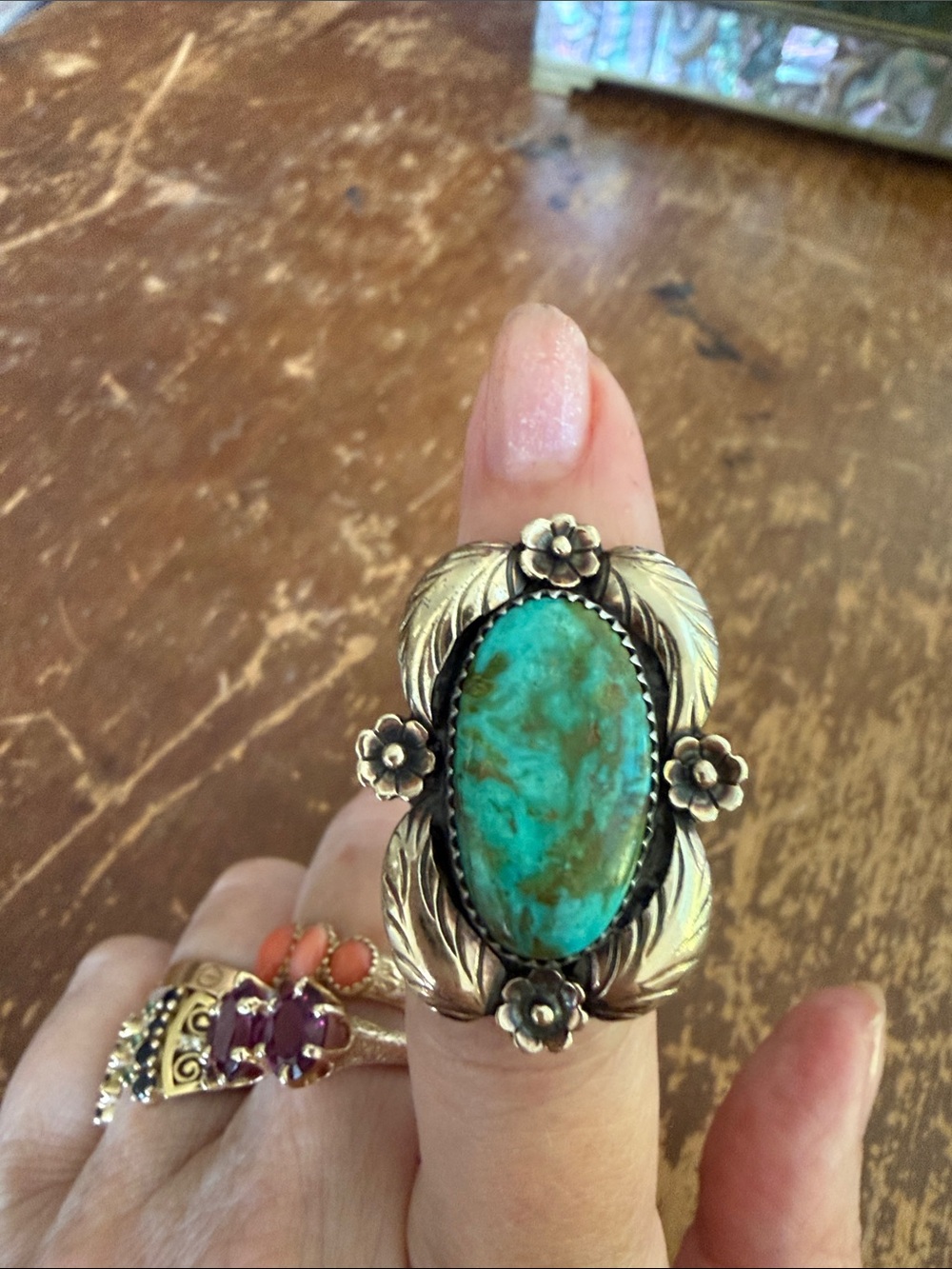 Vintage Native American Turquoise 14K + Sterling Silver Floral Ring